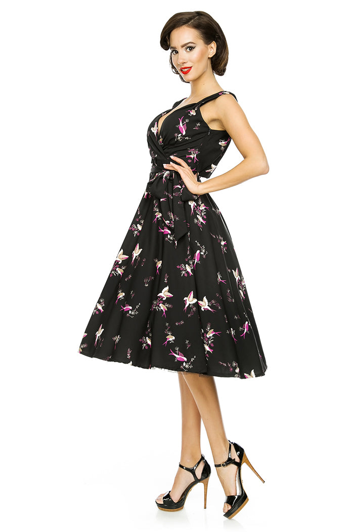 Looking Glam Retro Vintage 1950's Swing Bird Print Midi Dress In Black