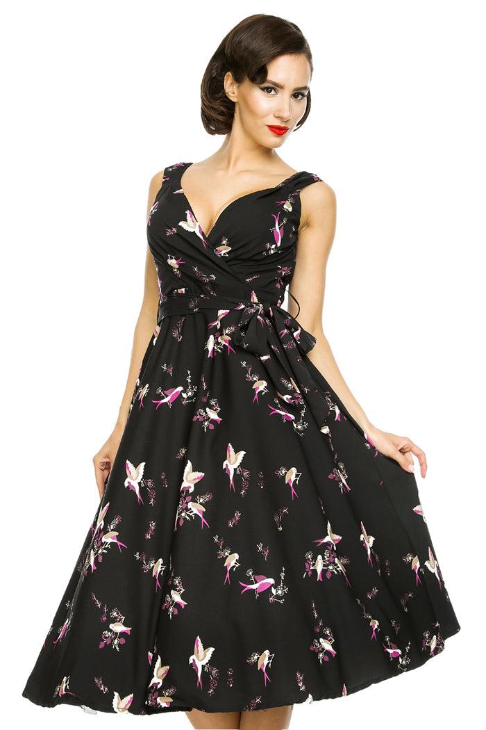Looking Glam Retro Vintage 1950's Swing Bird Print Midi Dress In Black