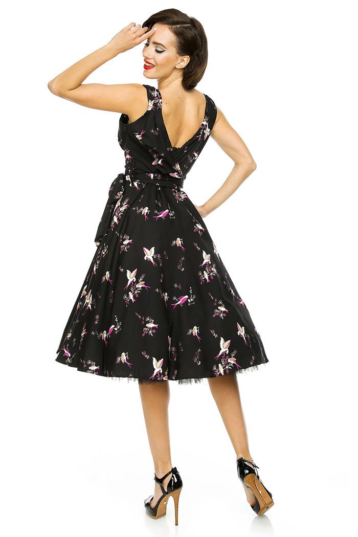 Looking Glam Retro Vintage 1950's Swing Bird Print Midi Dress In Black
