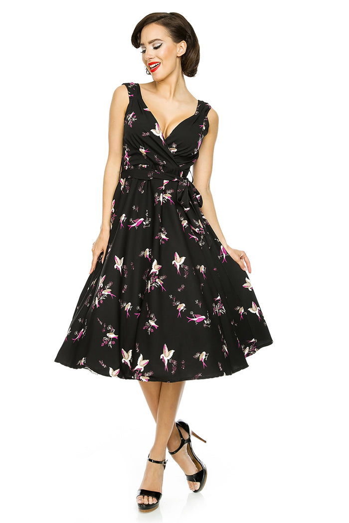 looking glam Retro Vintage 1950's Swing Bird Print Midi Dress in Black