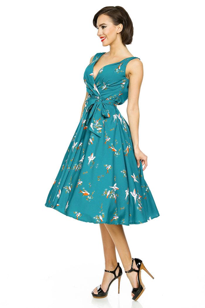 Looking Glam Retro Vintage 1950's Swing Bird Print Midi Dress In Teal
