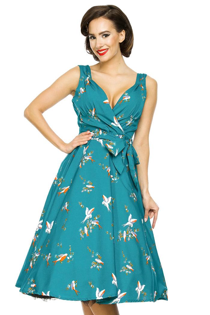 Looking Glam Retro Vintage 1950's Swing Bird Print Midi Dress In Teal