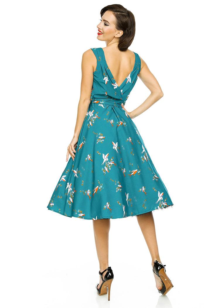 Looking Glam Retro Vintage 1950's Swing Bird Print Midi Dress In Teal