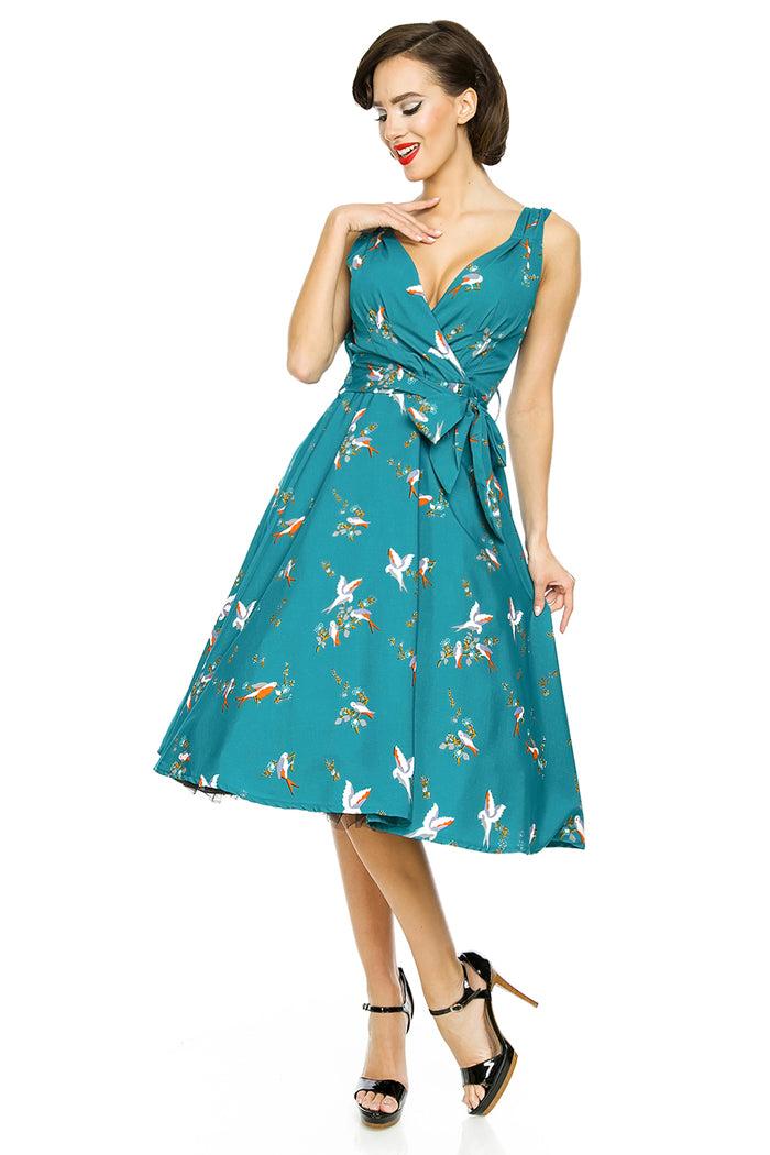 looking glam Retro Vintage 1950's Swing Bird Print Midi Dress in Teal