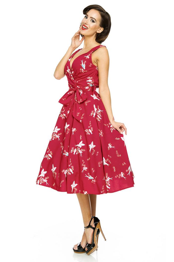 Looking Glam Retro Vintage 1950's Swing Bird Print Midi Dress In Maroon