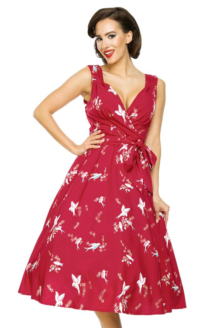 Looking Glam Retro Vintage 1950's Swing Bird Print Midi Dress In Maroon