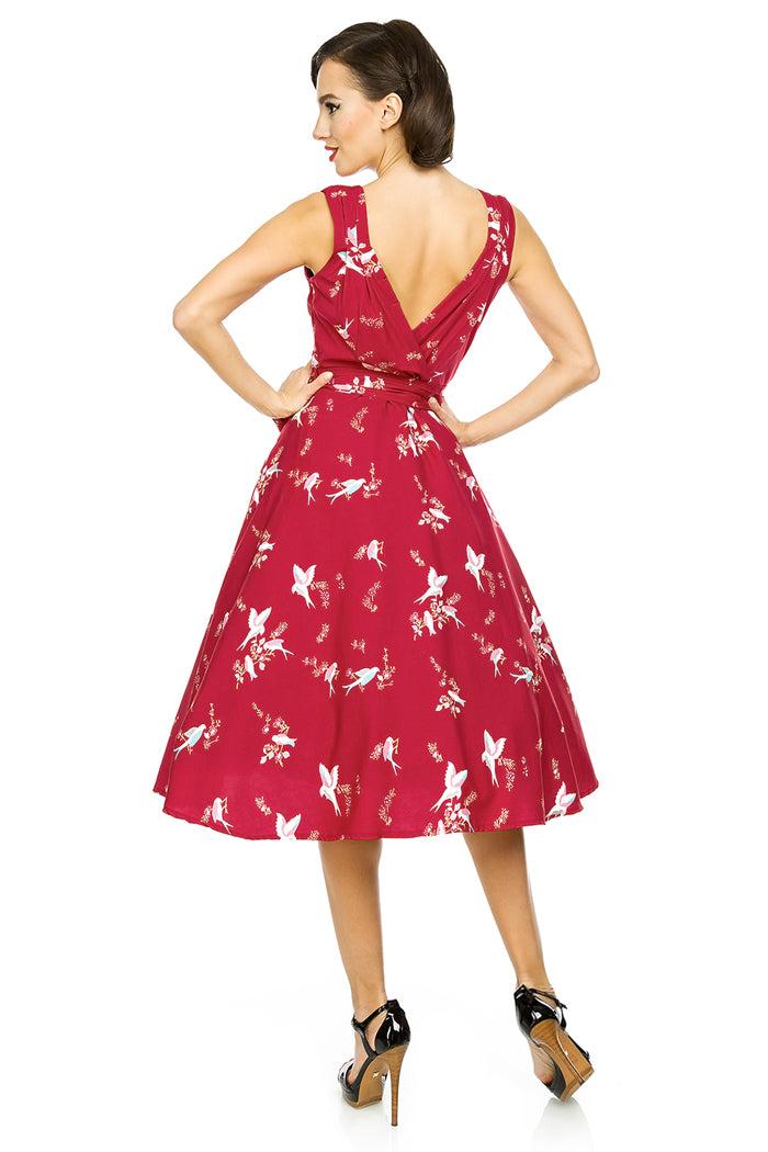 Looking Glam Retro Vintage 1950's Swing Bird Print Midi Dress In Maroon