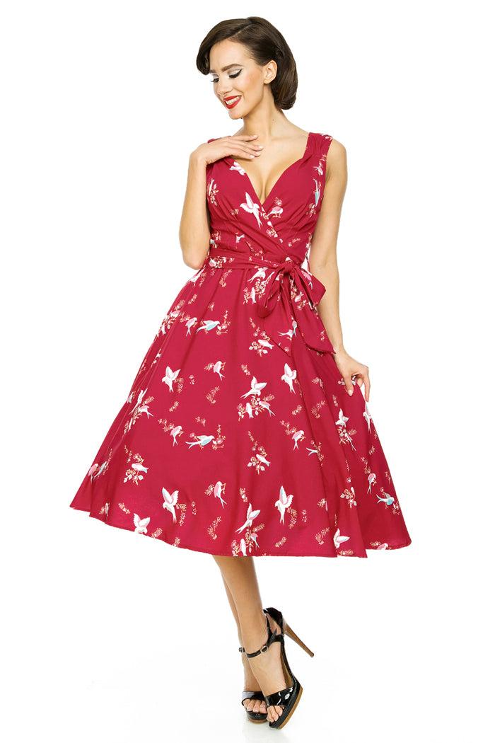 looking glam Retro Vintage 1950's Swing Bird Print Midi Dress in Maroon