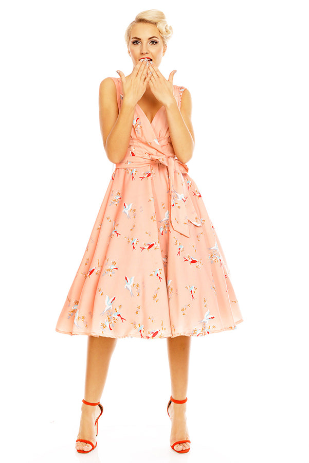 Looking Glam Retro Vintage 1950's Swing Bird Print Midi Dress In Pink