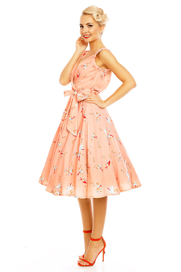 Looking Glam Retro Vintage 1950's Swing Bird Print Midi Dress In Pink