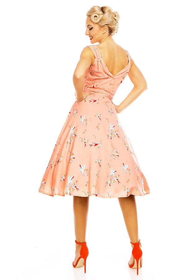Looking Glam Retro Vintage 1950's Swing Bird Print Midi Dress In Pink
