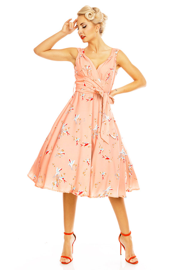 looking glam Retro Vintage 1950's Swing Bird Print Midi Dress in Pink