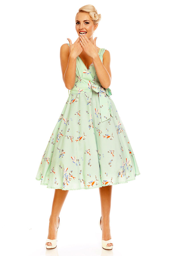 looking glam Retro Vintage 1950's Swing Bird Print Midi Dress in Mint Green