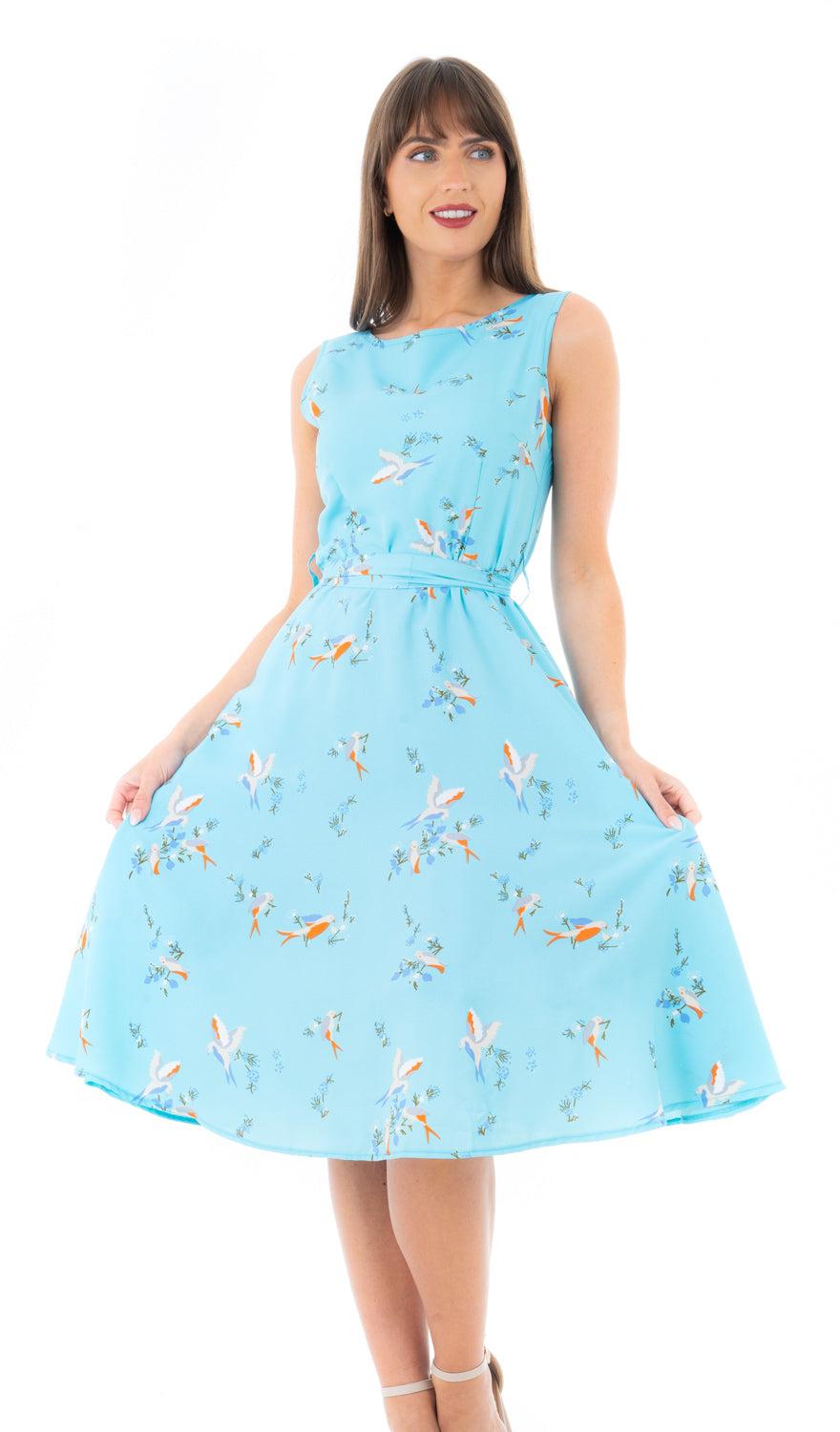Looking Glam Retro Vintage Inspired Bird Print Midi Dress In Blue