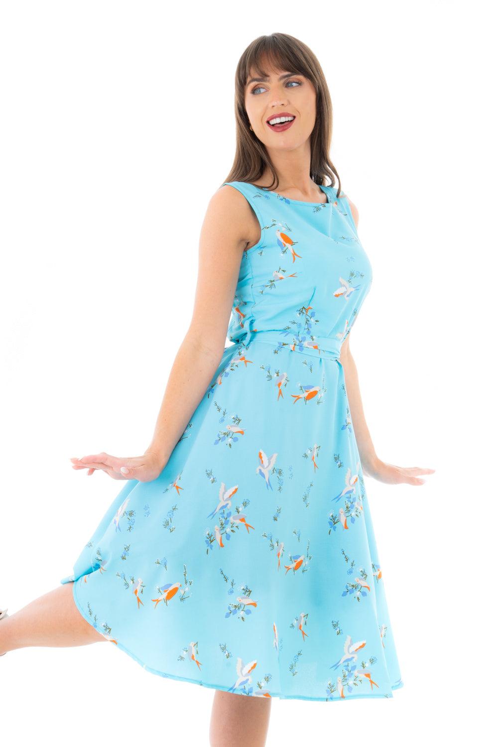 Looking Glam Retro Vintage Inspired Bird Print Midi Dress In Blue