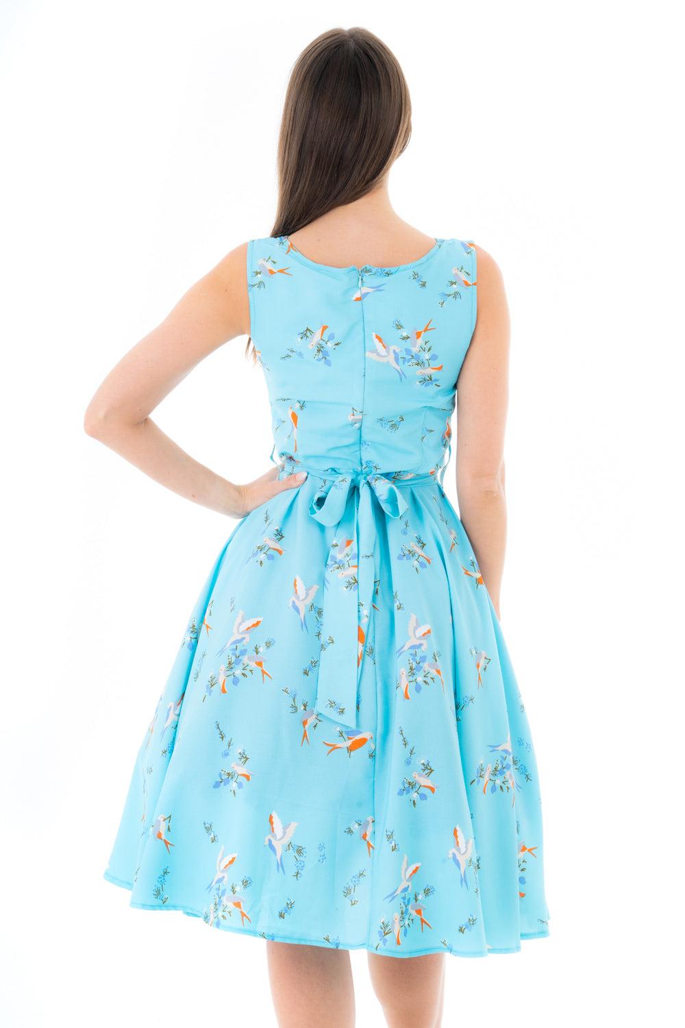 Looking Glam Retro Vintage Inspired Bird Print Midi Dress In Blue