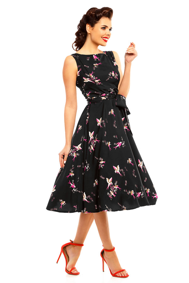 Looking Glam Retro Vintage Inspired Bird Print Midi Dress In Black