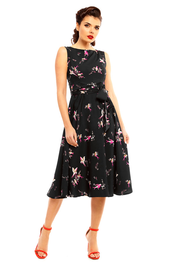 Looking Glam Retro Vintage Inspired Bird Print Midi Dress In Black