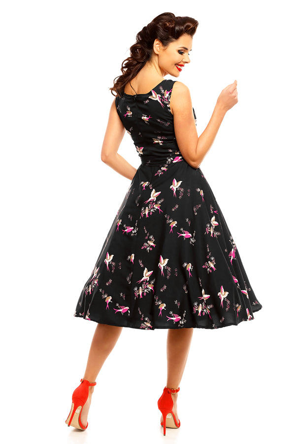 Looking Glam Retro Vintage Inspired Bird Print Midi Dress In Black