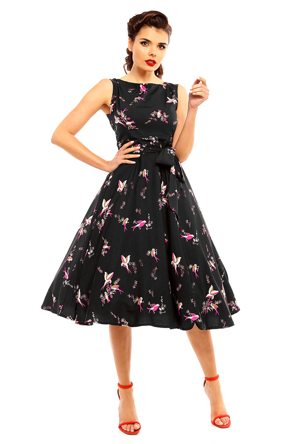 looking glam Retro Vintage Inspired Bird Print Midi Dress in Black