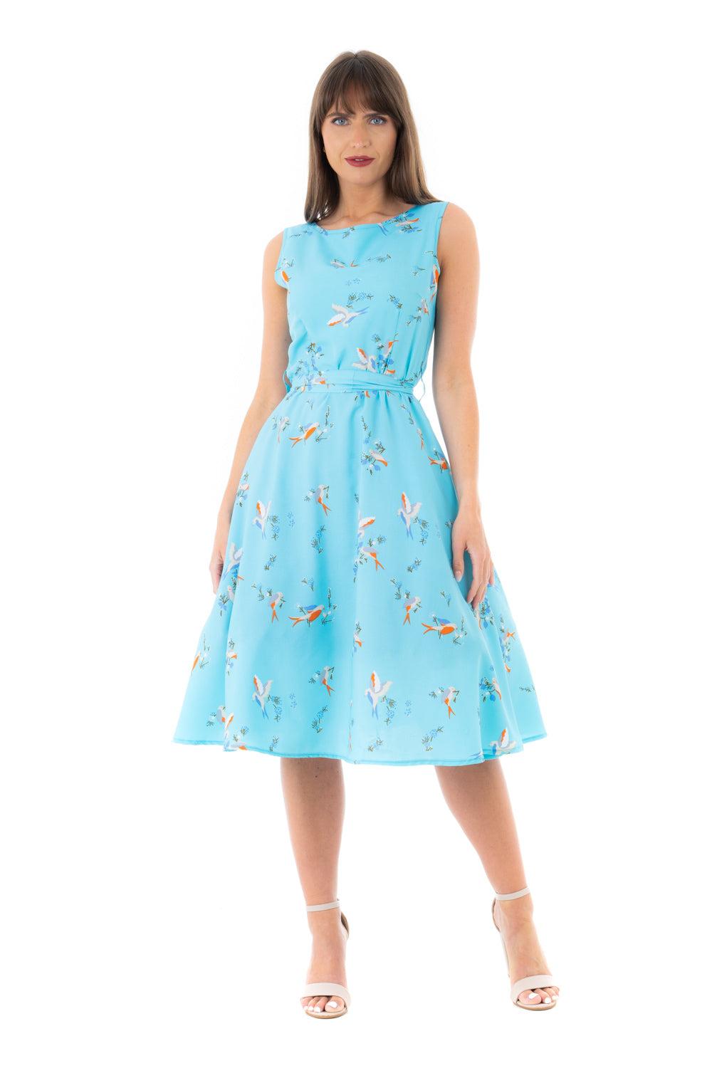 looking glam Retro Vintage Inspired Bird Print Midi Dress in Blue