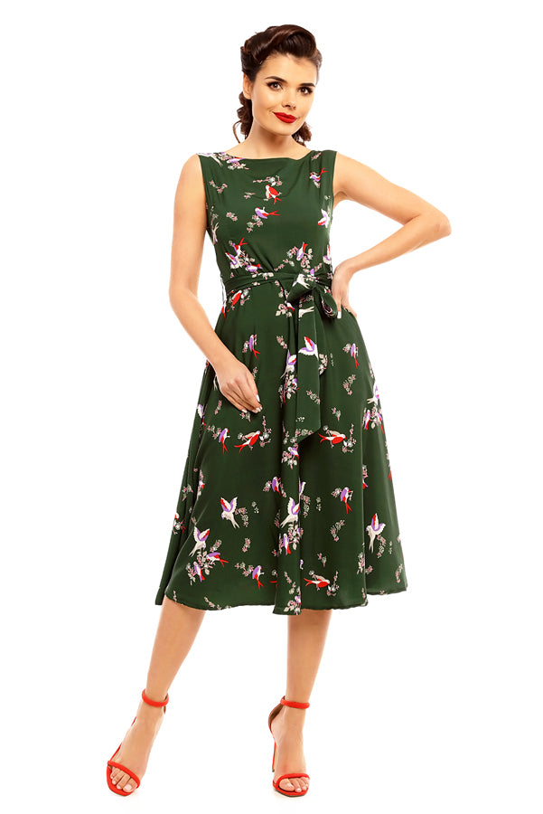 Looking Glam Retro Vintage Inspired Bird Print Midi Dress In Green