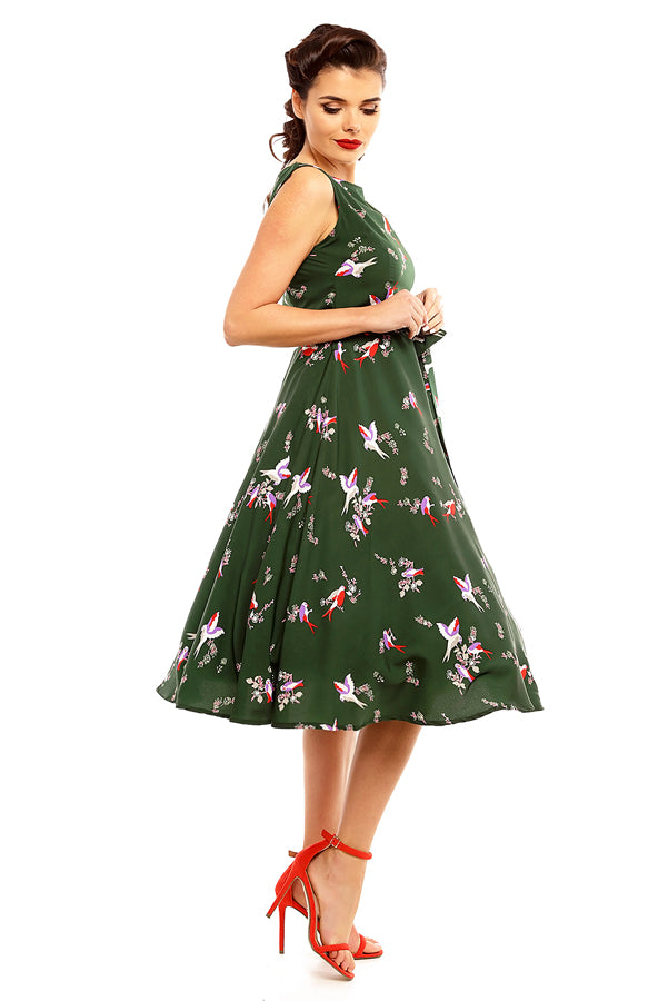 Looking Glam Retro Vintage Inspired Bird Print Midi Dress In Green