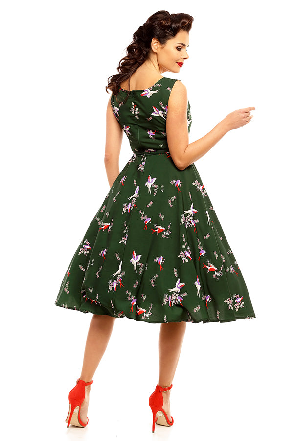 Looking Glam Retro Vintage Inspired Bird Print Midi Dress In Green