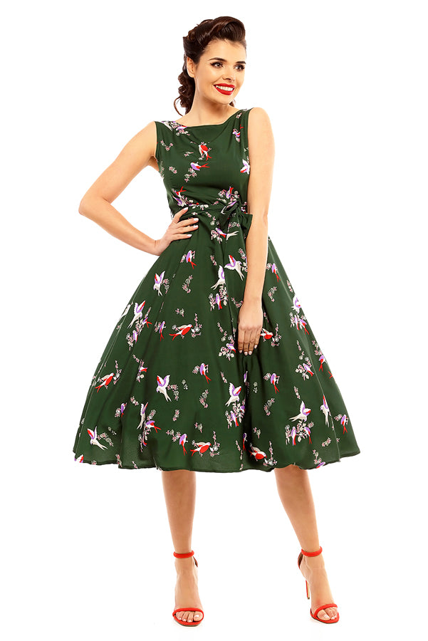 looking glam Retro Vintage Inspired Bird Print Midi Dress in Green