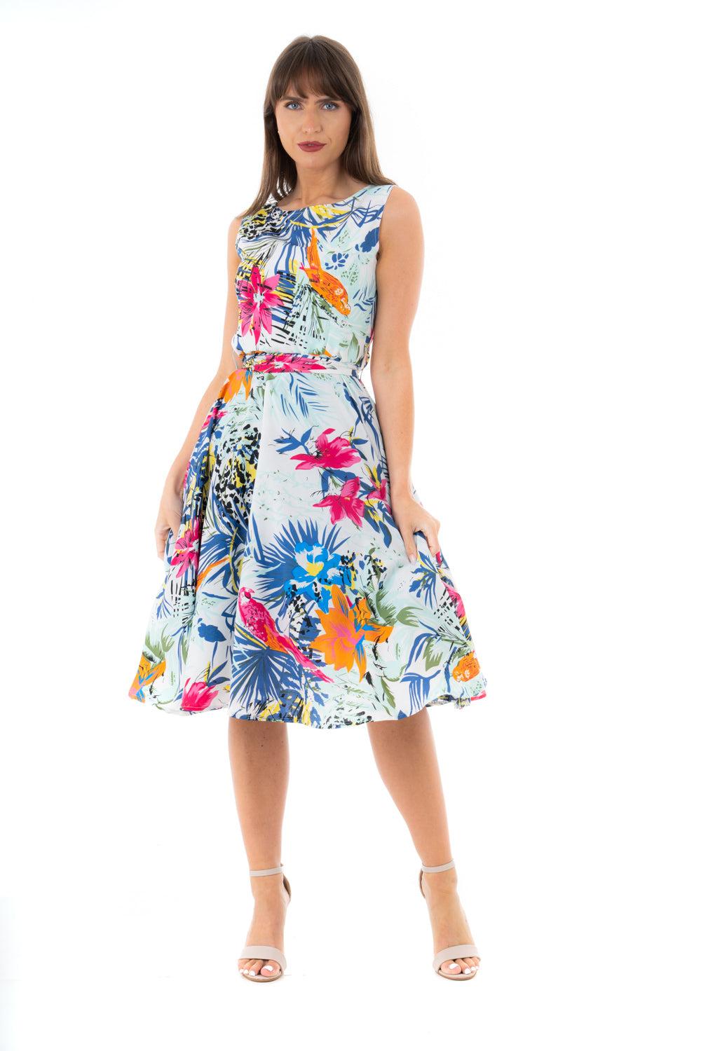 Looking Glam Retro Vintage Inspired Tropical Print Midi Dress