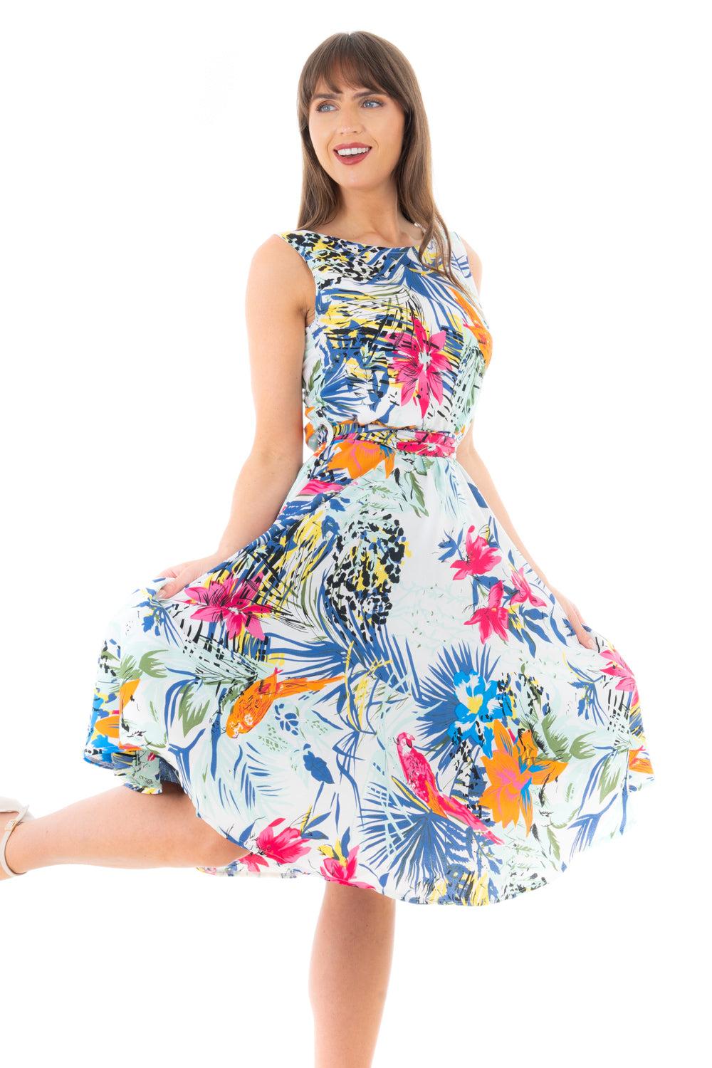 Looking Glam Retro Vintage Inspired Tropical Print Midi Dress
