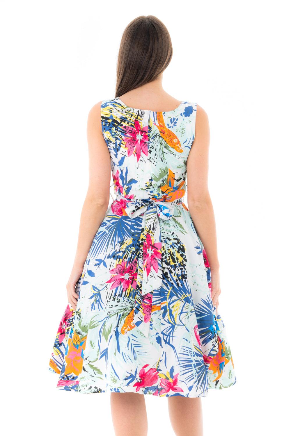 Looking Glam Retro Vintage Inspired Tropical Print Midi Dress