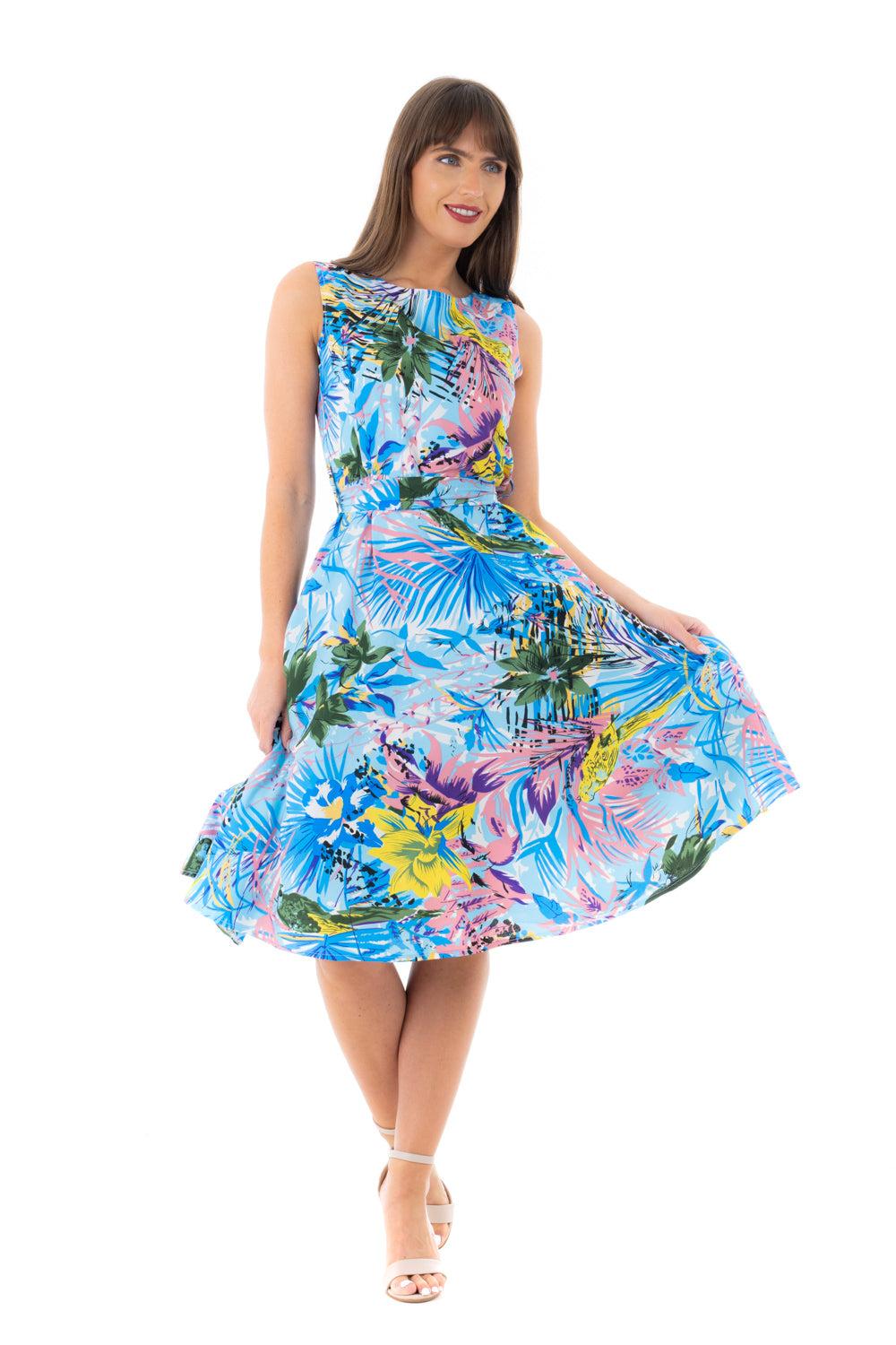 Looking Glam Retro Vintage Inspired Tropical Print Midi Dress In Blue