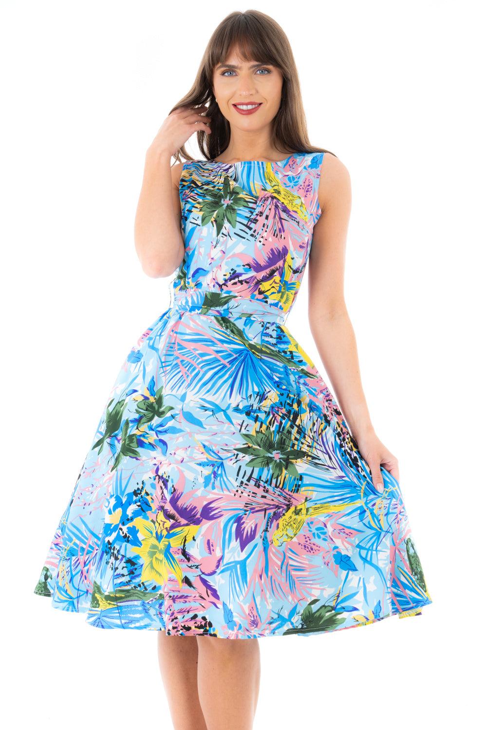 Looking Glam Retro Vintage Inspired Tropical Print Midi Dress In Blue
