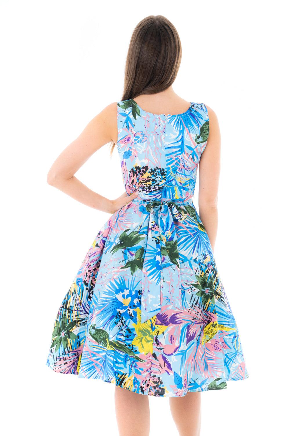 Looking Glam Retro Vintage Inspired Tropical Print Midi Dress In Blue