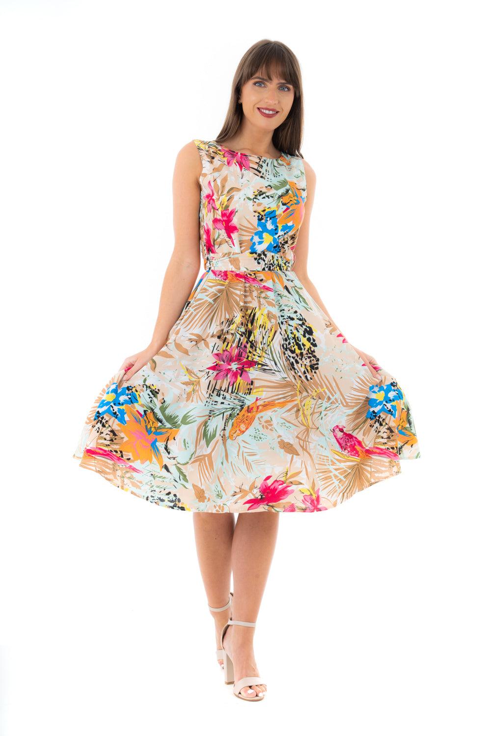 Looking Glam Retro Vintage Inspired Tropical Print Midi Dress In Beige