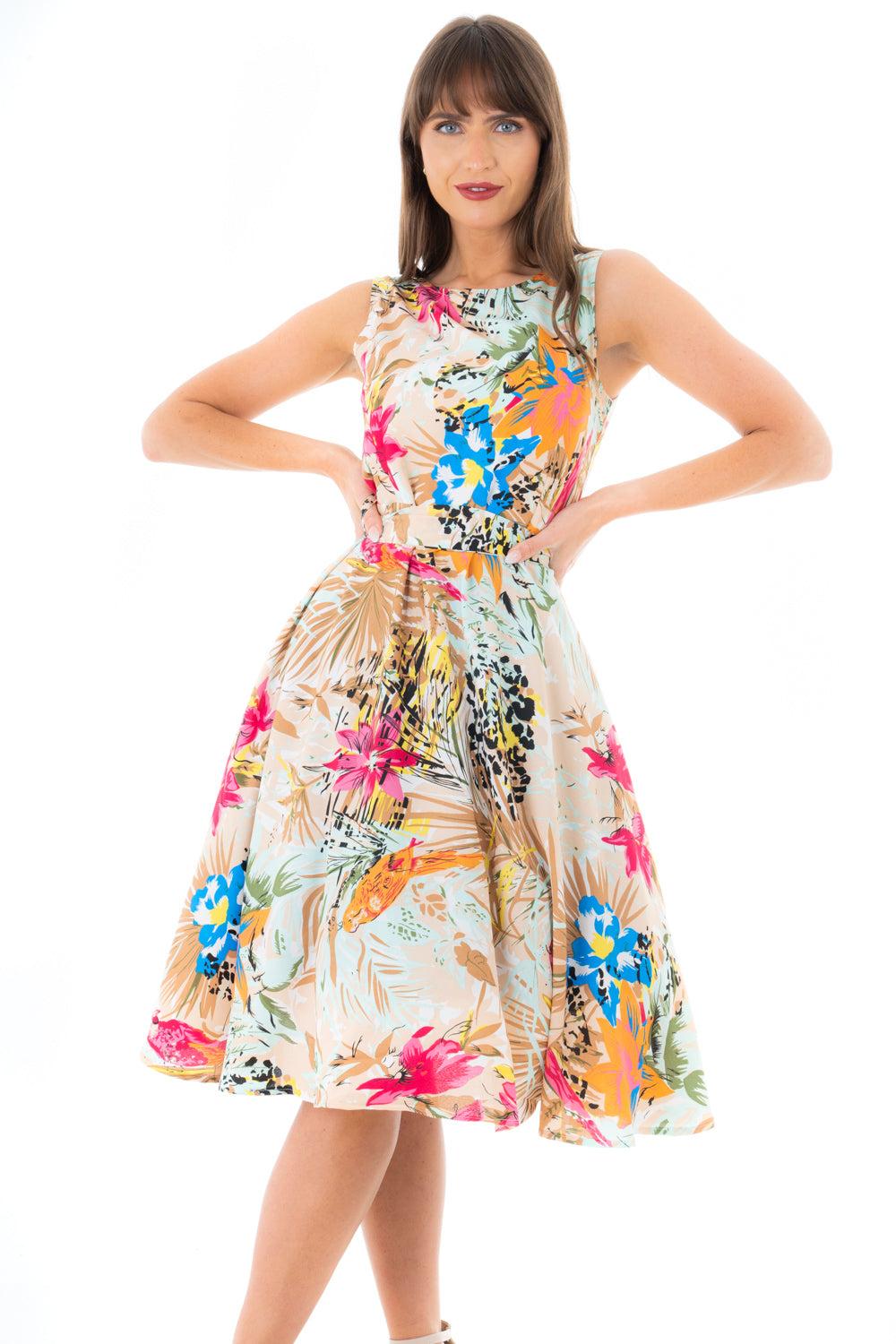 Looking Glam Retro Vintage Inspired Tropical Print Midi Dress In Beige