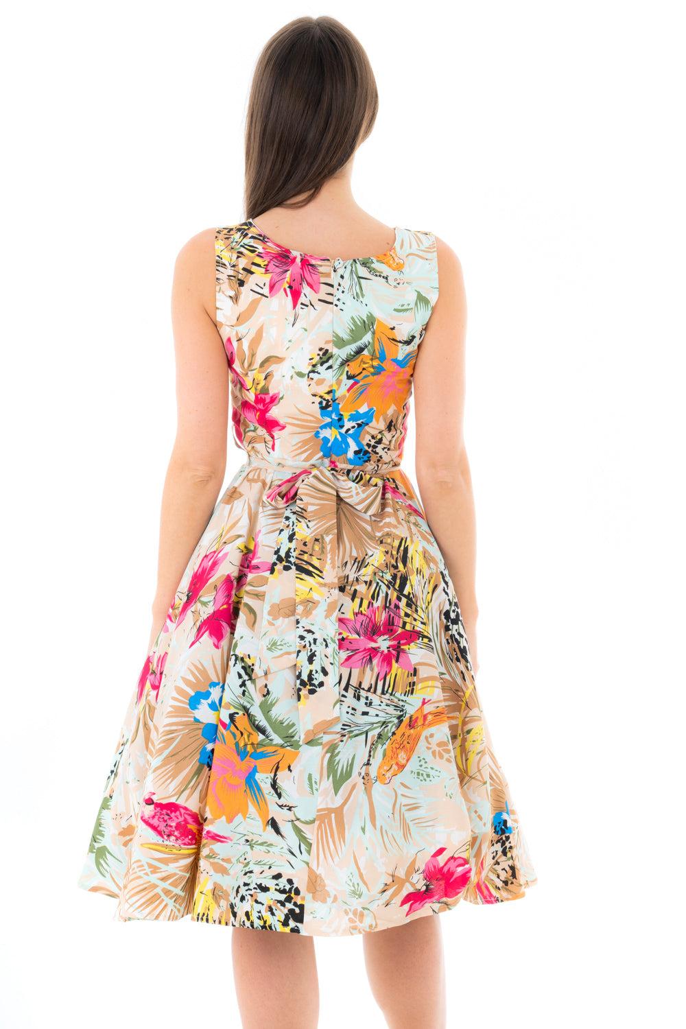 Looking Glam Retro Vintage Inspired Tropical Print Midi Dress In Beige