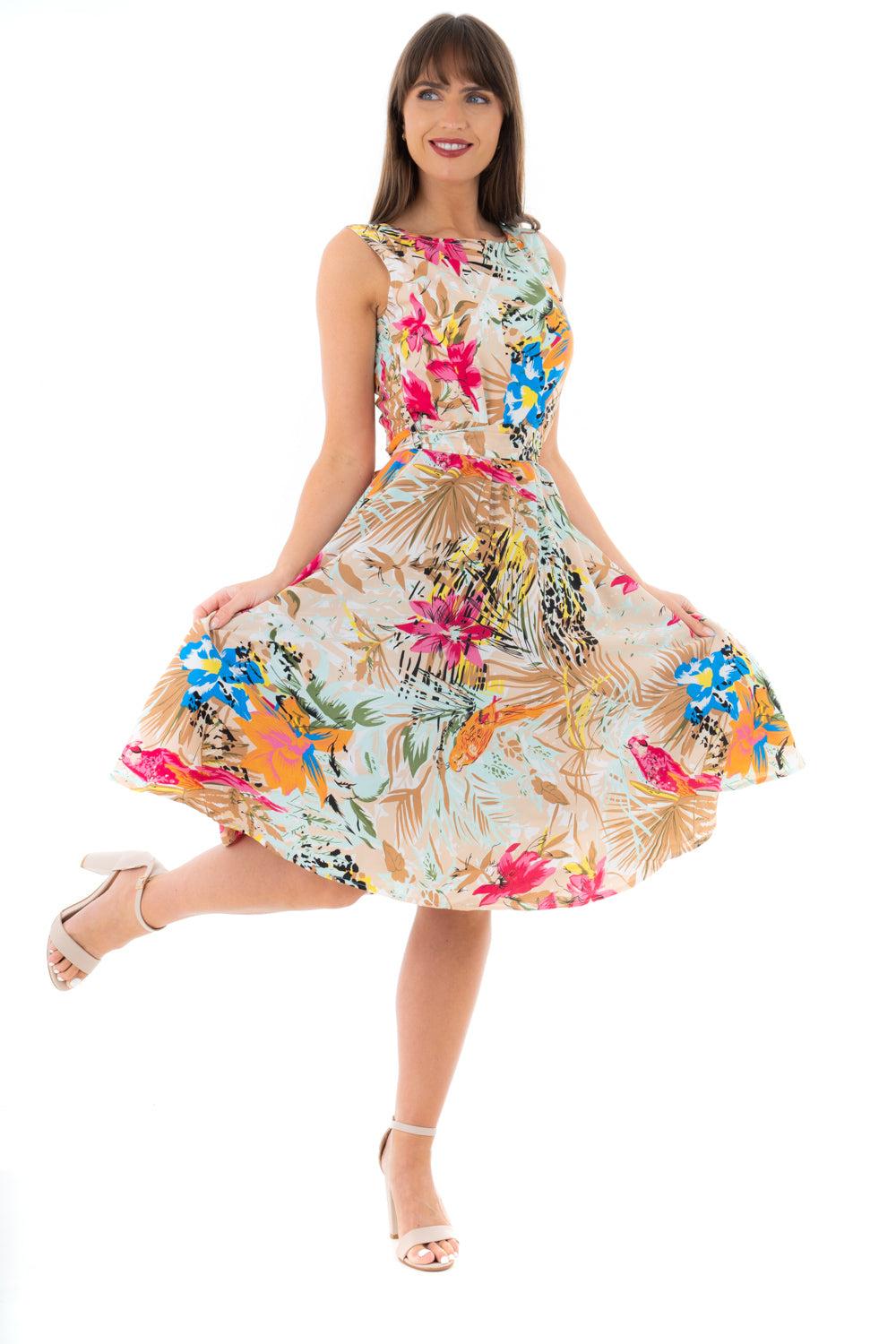 looking glam Retro Vintage Inspired Tropical Print Midi Dress in Beige