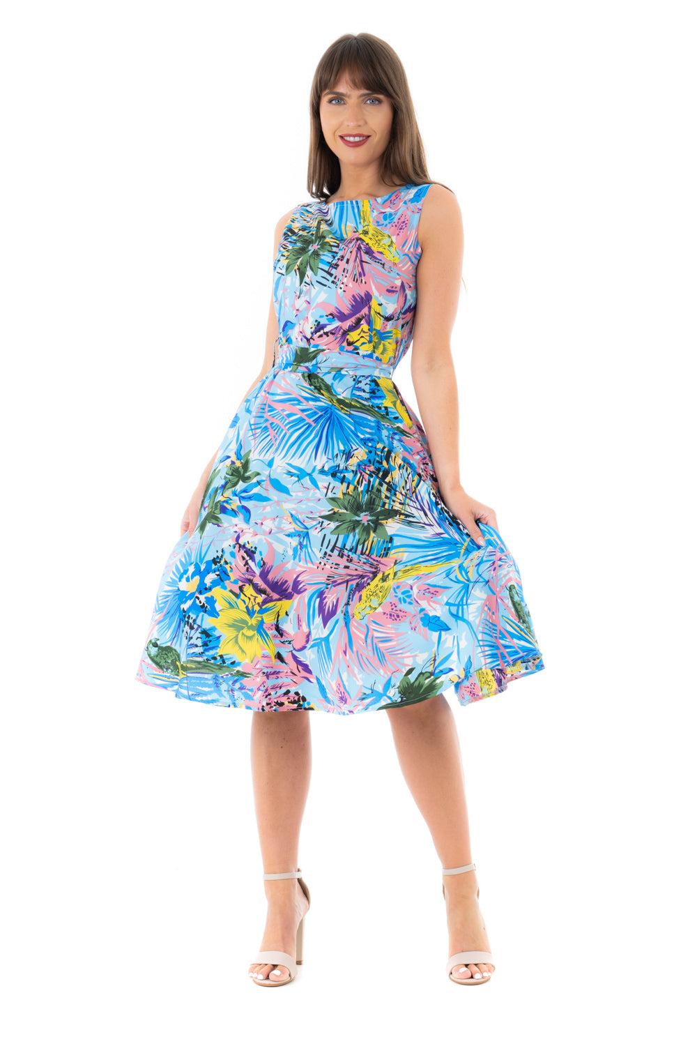 looking glam Retro Vintage Inspired Tropical Print Midi Dress in Blue