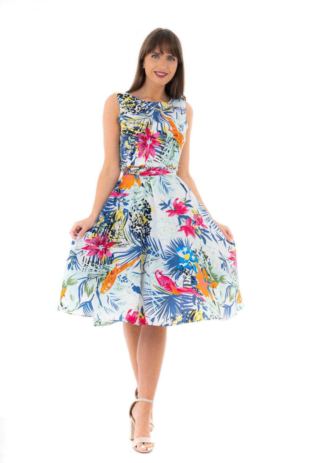 looking glam Retro Vintage Inspired Tropical Print Midi Dress