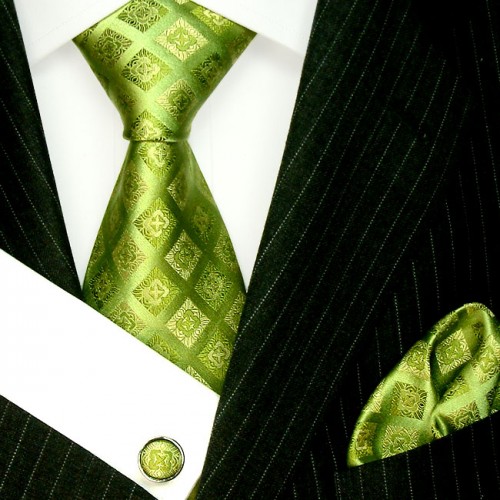 lorenzo cana Men's Neck Tie Set 100% Silk Checkered Green LORENZO CANA