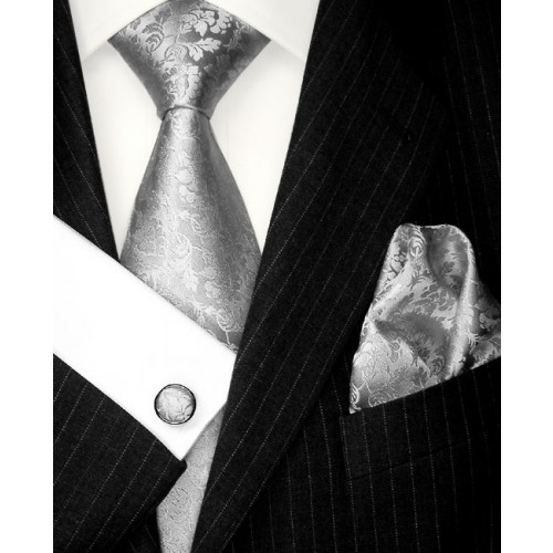 lorenzo cana Men's Neck Tie Set 100% Silk Floral Silver LORENZO CANA