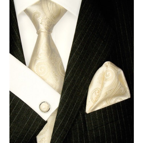 lorenzo cana Men's Neck Tie Set 100% Silk Paisley Ivory LORENZO CANA