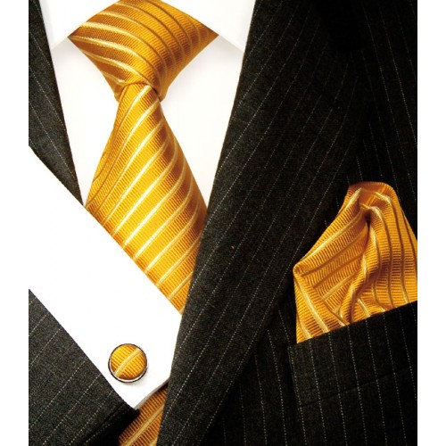 lorenzo cana Men's Neck Tie Set 100% Silk Striped Gold LORENZO CANA