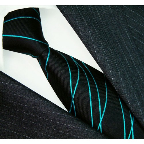 lorenzo cana Neck Tie 100% Silk Striped Black Cyan LORENZO CANA