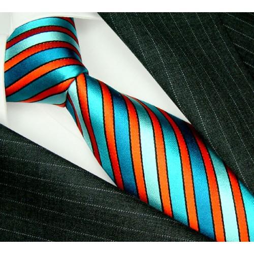 lorenzo cana Neck Tie 100% Silk Striped Cyan Orange LORENZO CANA