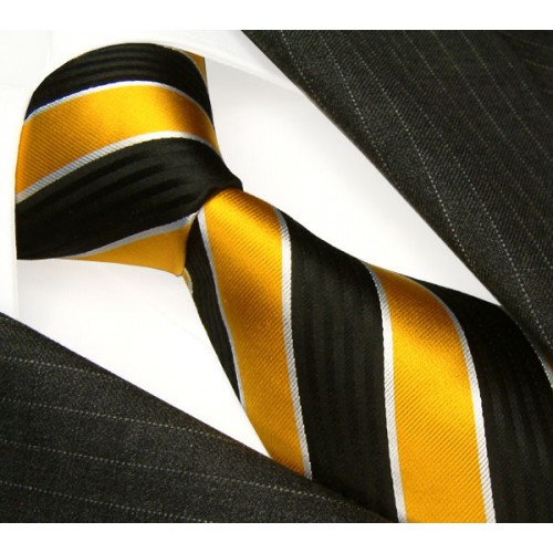 lorenzo cana Neck Tie 100% Silk Striped Gold Black White LORENZO CANA