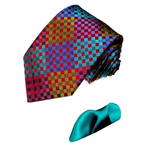 lorenzo cana Neck Tie and pocket square Plaids and Checks colorful turquoise LORENZO CANA