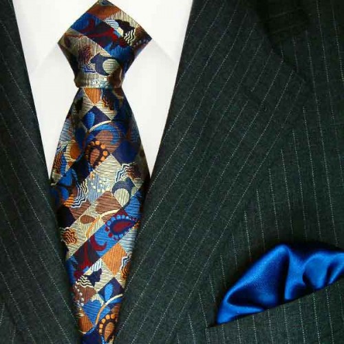 Lorenzo Cana Neck Tie And Pocket Square Silk Brown Blue LORENZO CANA